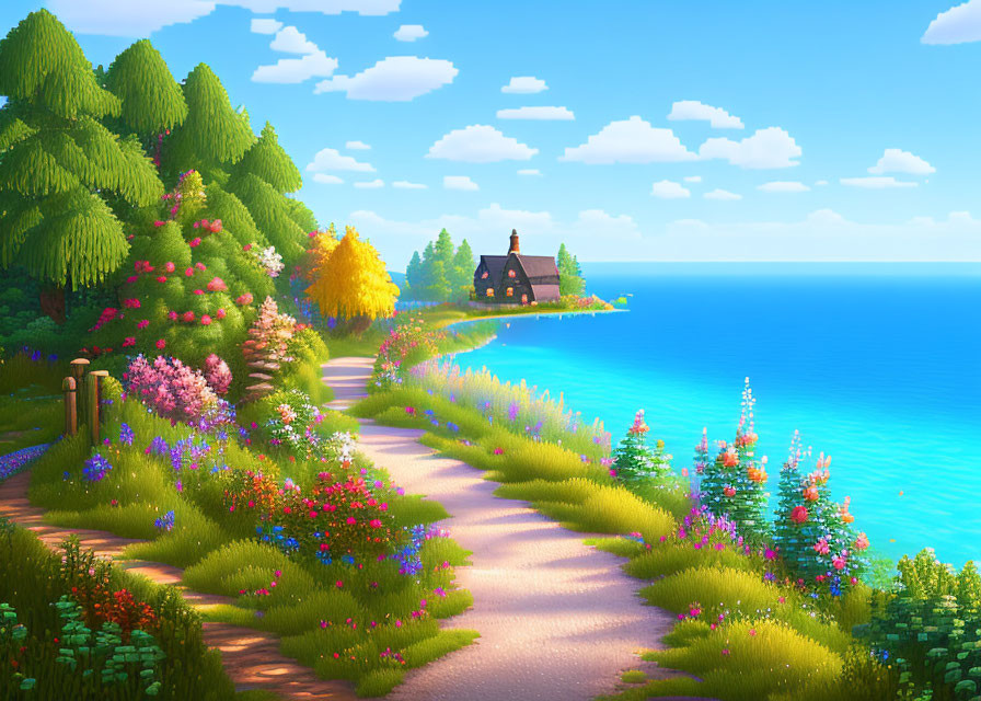 Colorful Flowerbeds & Tranquil Sea View with Quaint House