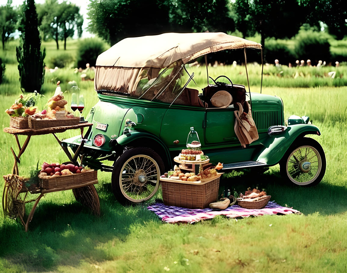 Classic Green Car Parked Next to Picnic Setup with Wicker Basket and Fresh Food on Tablecloth