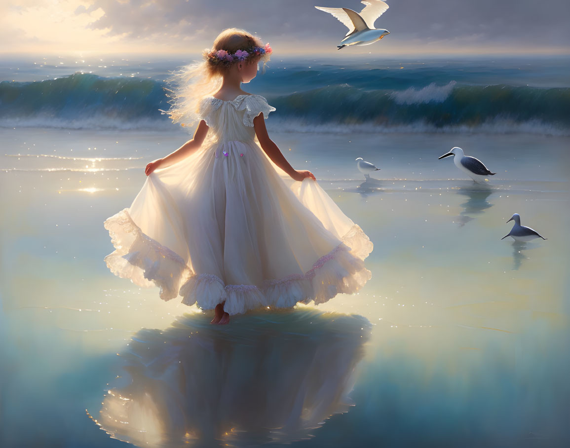 Young girl in white dress on reflective beach at sunset with seagulls, gentle waves