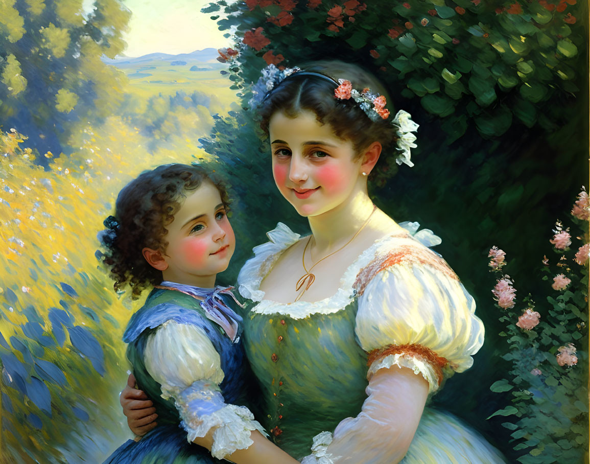 Smiling young woman with child in pastel dress in sunny landscape