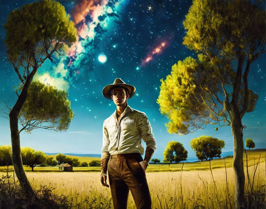 Person in hat standing in field under starry night sky with nebula.