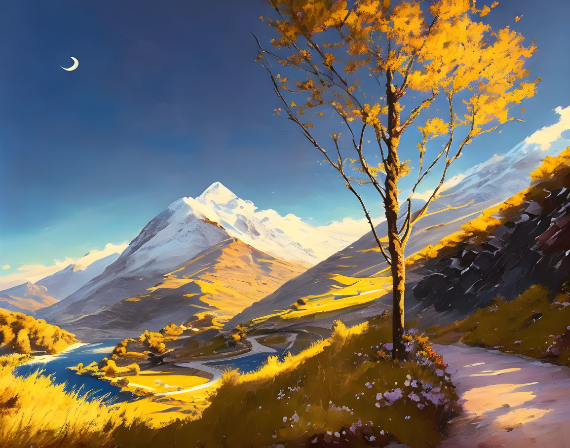 Autumnal mountain landscape with yellow-leaved tree, winding river, and snowy peak.