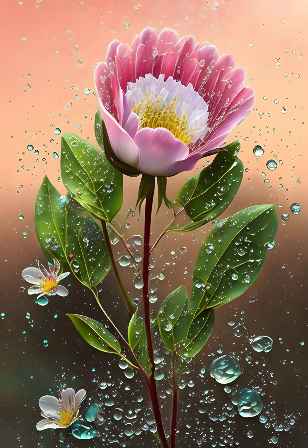 Vibrant pink flower with yellow center and water droplets on reddish background