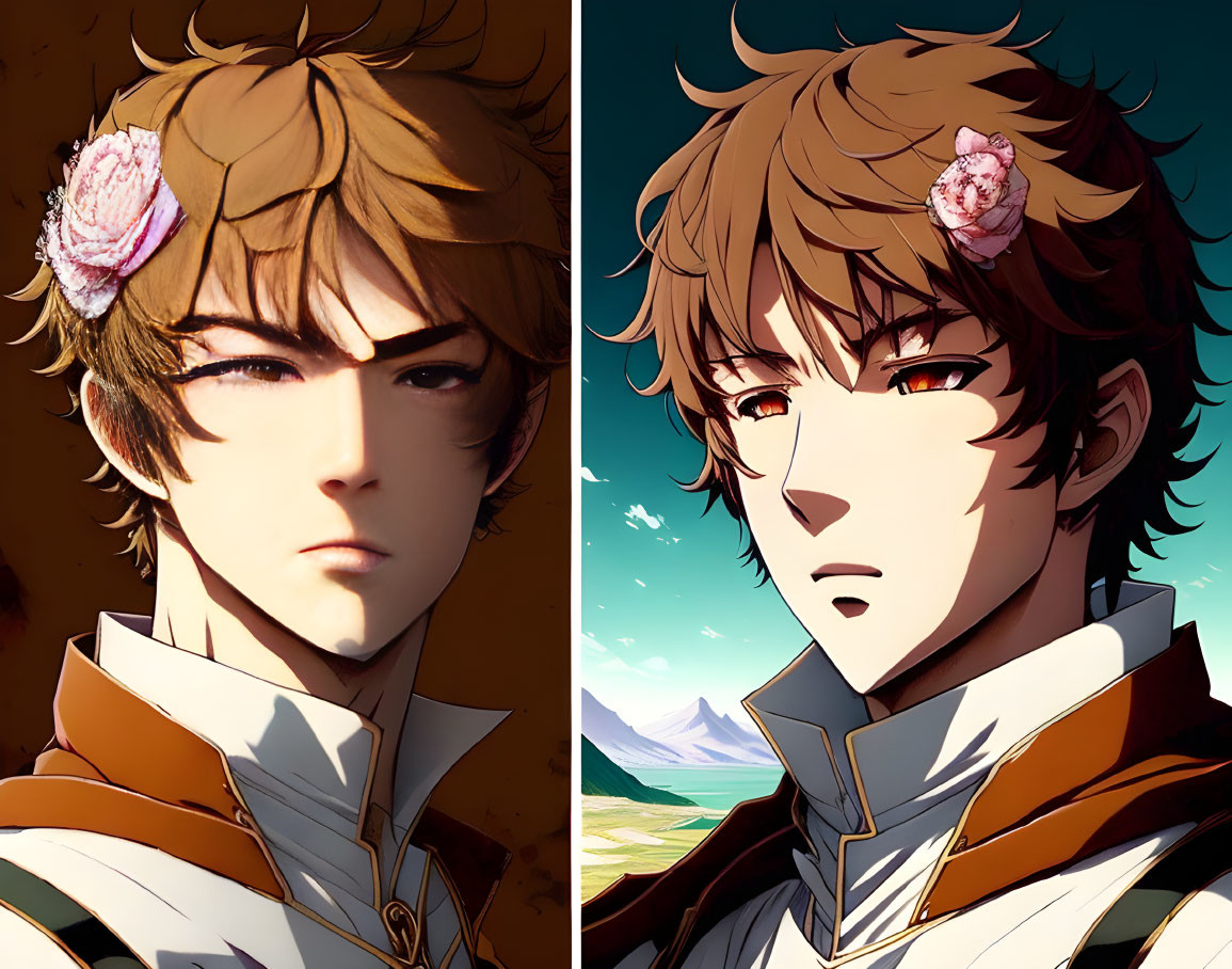Stylized portraits of anime-style male character with brown hair and decorative flower, against varied backgrounds
