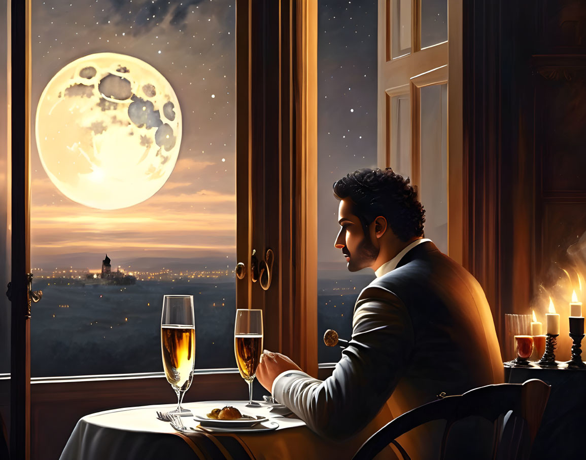 Man sitting at dining table with moonlit view, wine glasses, and candles