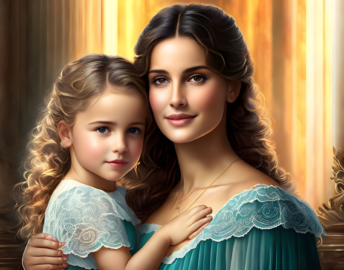 Digital painting of woman and girl in teal dresses before golden curtain