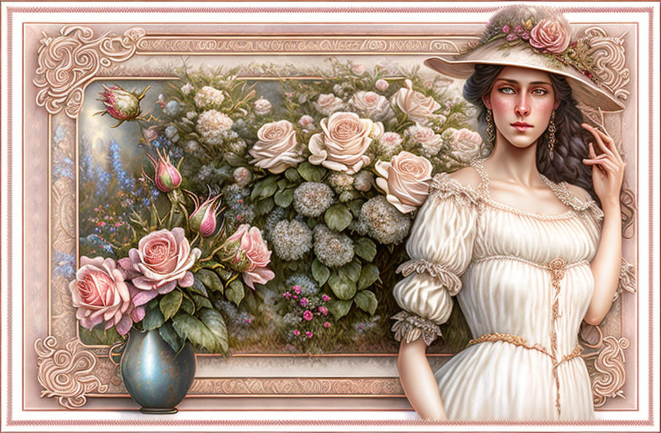 Vintage-style portrait of elegant lady with wide-brimmed hat and roses vase