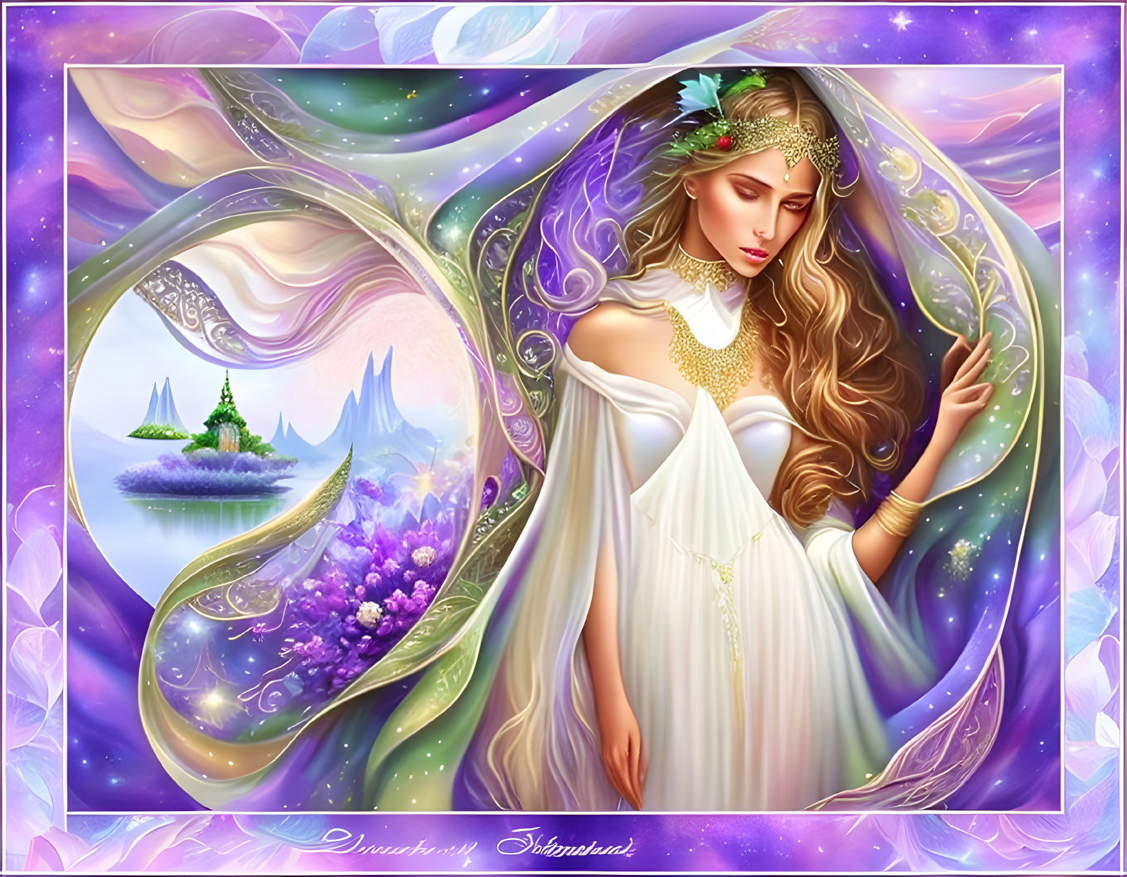 Ethereal artwork: Woman with flowing hair, diadem, white gown, pastel colors &