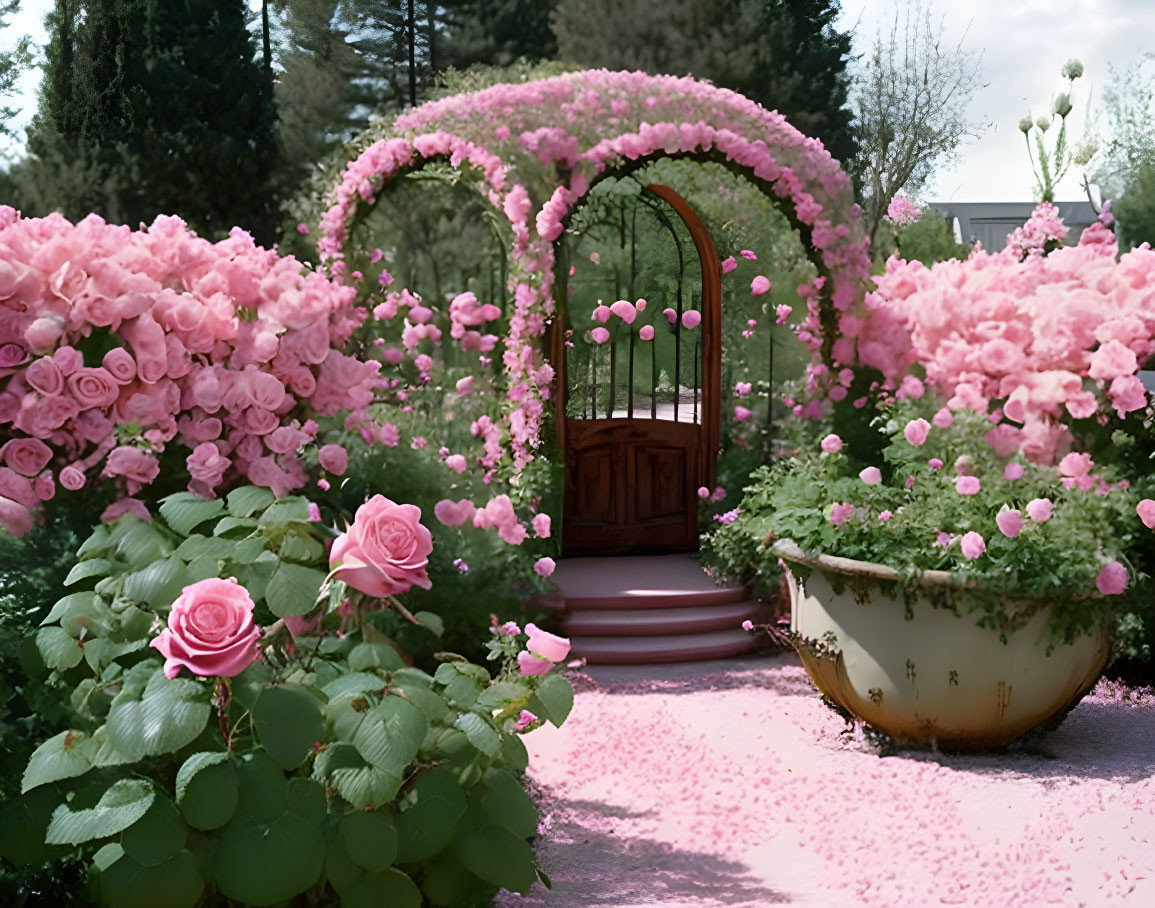 Ornate wooden door with pink roses and scattered petals