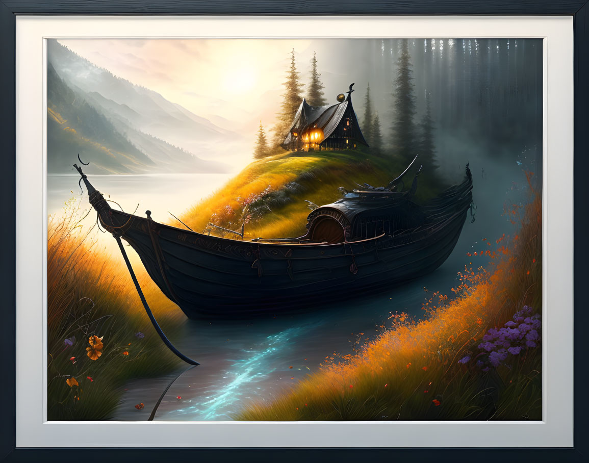 Fantasy landscape with Viking ship, cozy hut, forest, and misty mountains