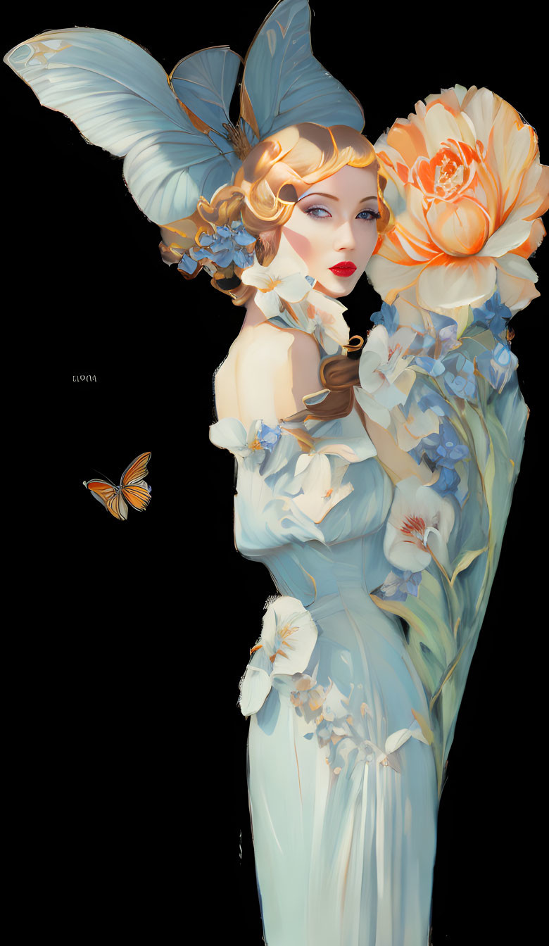 Ethereal woman in blue dress with floral adornments and butterfly, blending dreamlike aura with nature