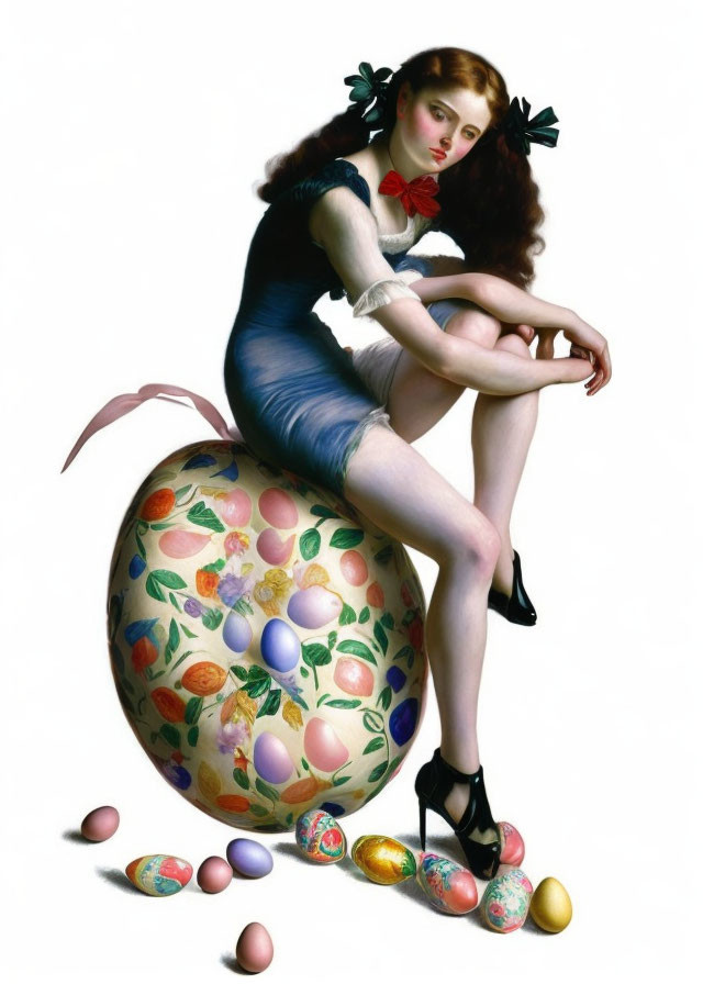 Colorful Easter-themed image with woman on giant egg surrounded by painted eggs