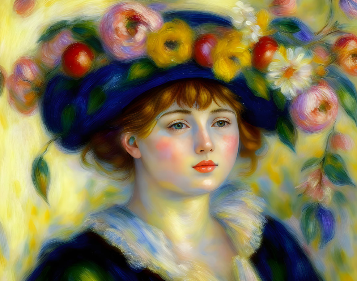 Portrait of young woman with floral hat on swirling yellow background