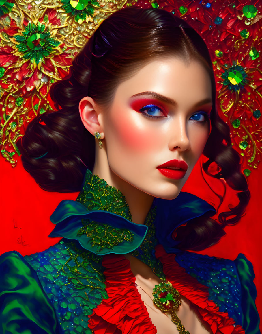 Portrait of Woman with Striking Blue Eyes and Red Blush in Elegant Attire and Green Jeweled