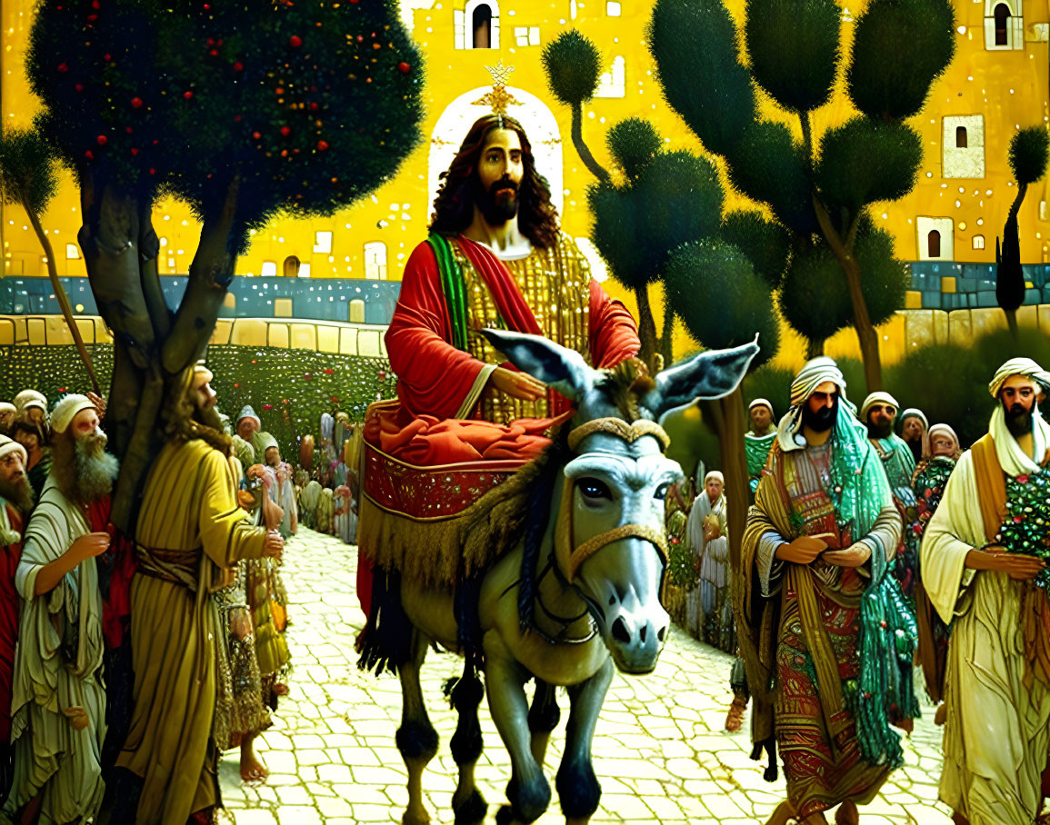 Man on Donkey Greeted by Crowd in Ancient Attire amid Golden Buildings