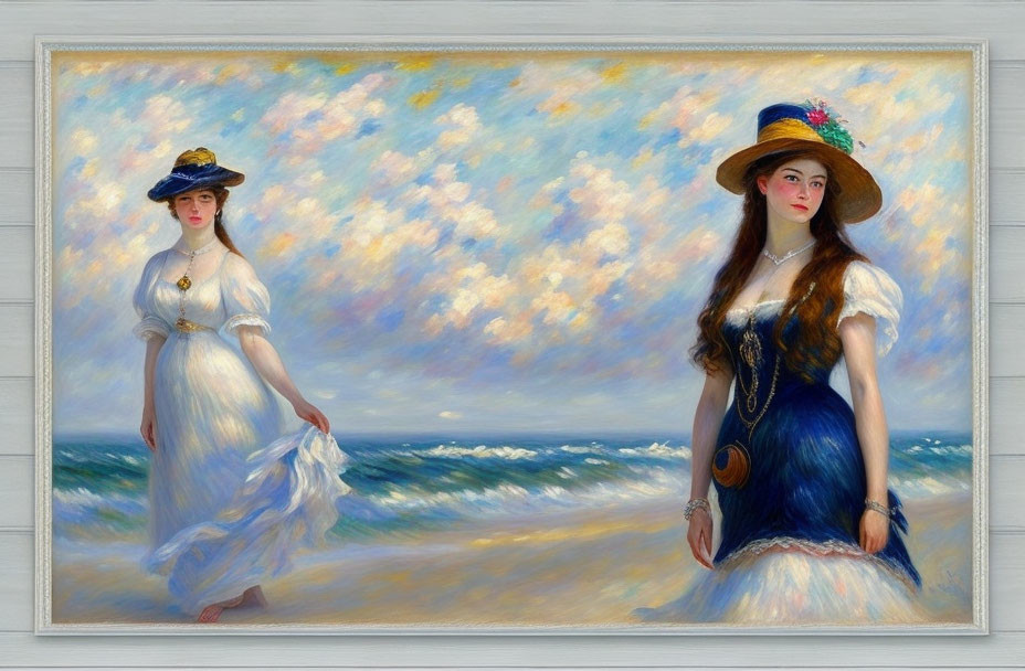 Vintage-dressed women strolling on beach with waves and cloudy sky