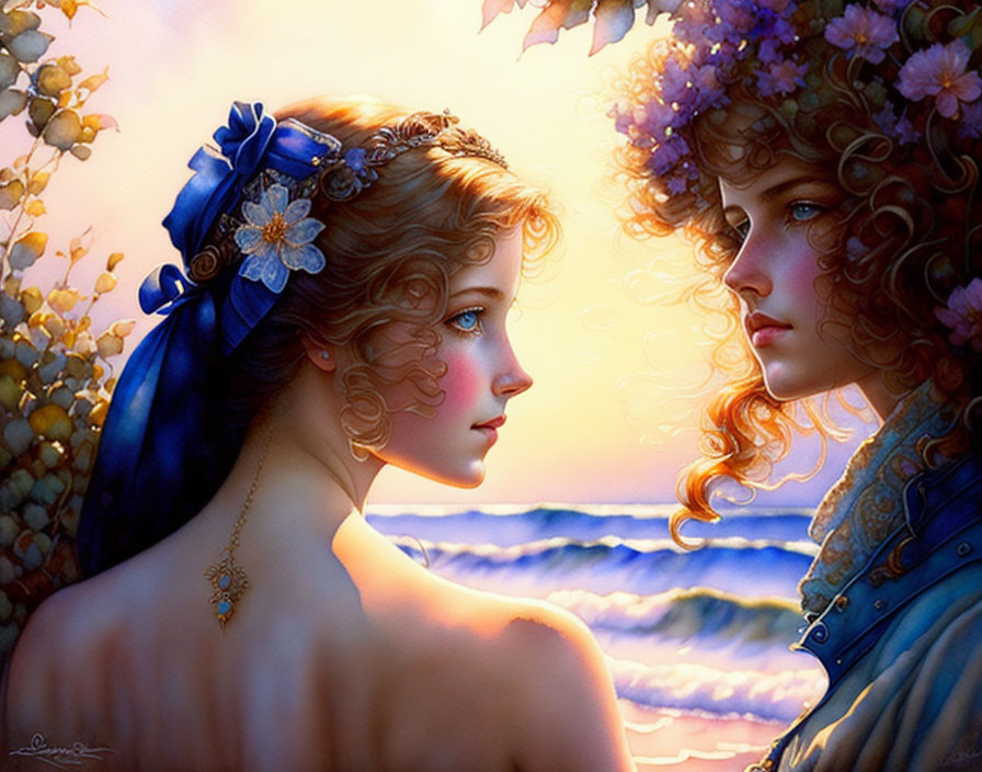 Illustrated women with flowing hair in romantic beachscape at sunset