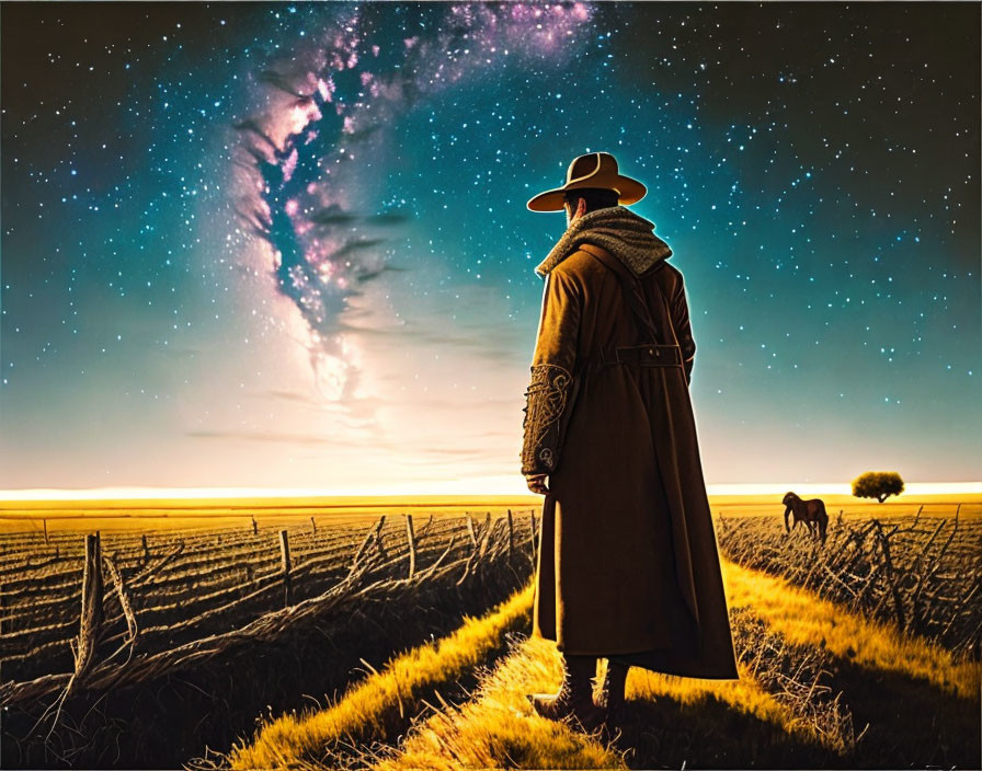 Person in coat and hat gazes at starry sky with spiral galaxy at twilight