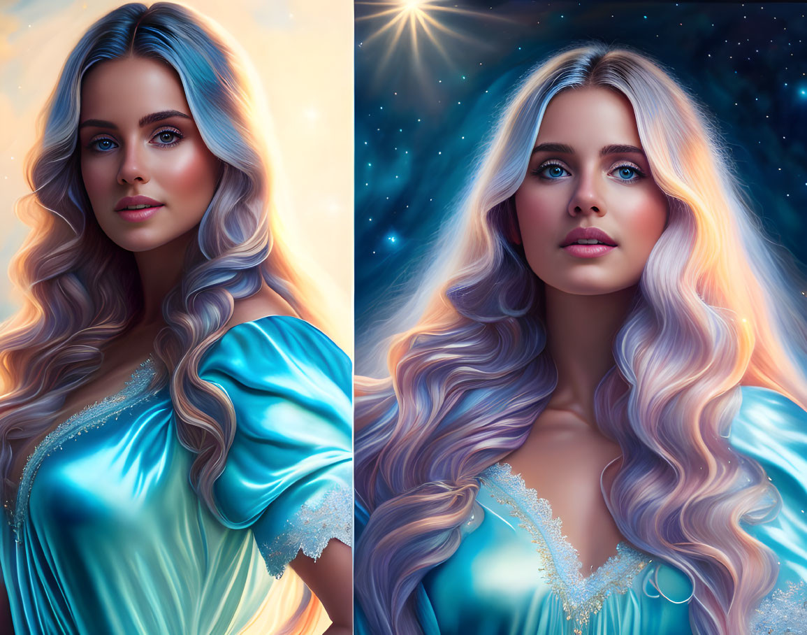 Digital artwork: Woman with long wavy hair, blue eyes, blue dress, cosmic starry background