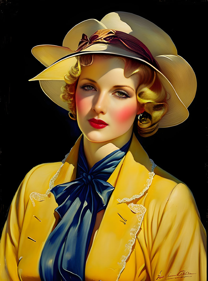 Vintage portrait of a woman in yellow outfit and wide-brimmed hat