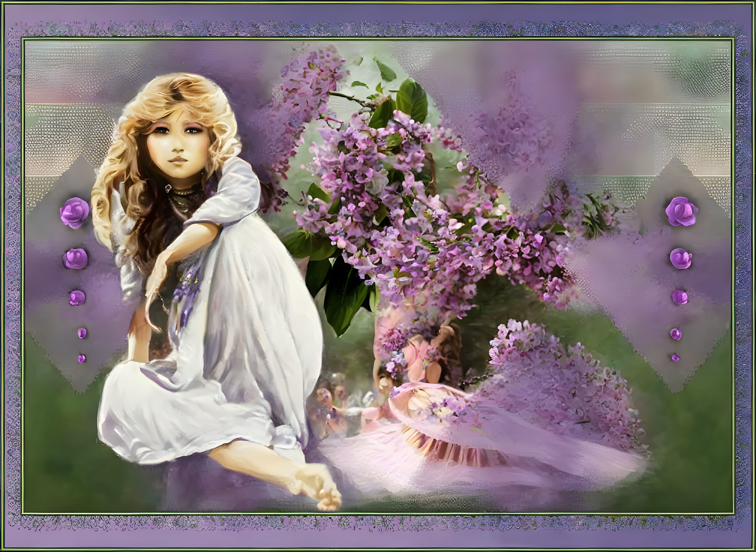 Young girl in white surrounded by vibrant purple flowers in fantasy artwork