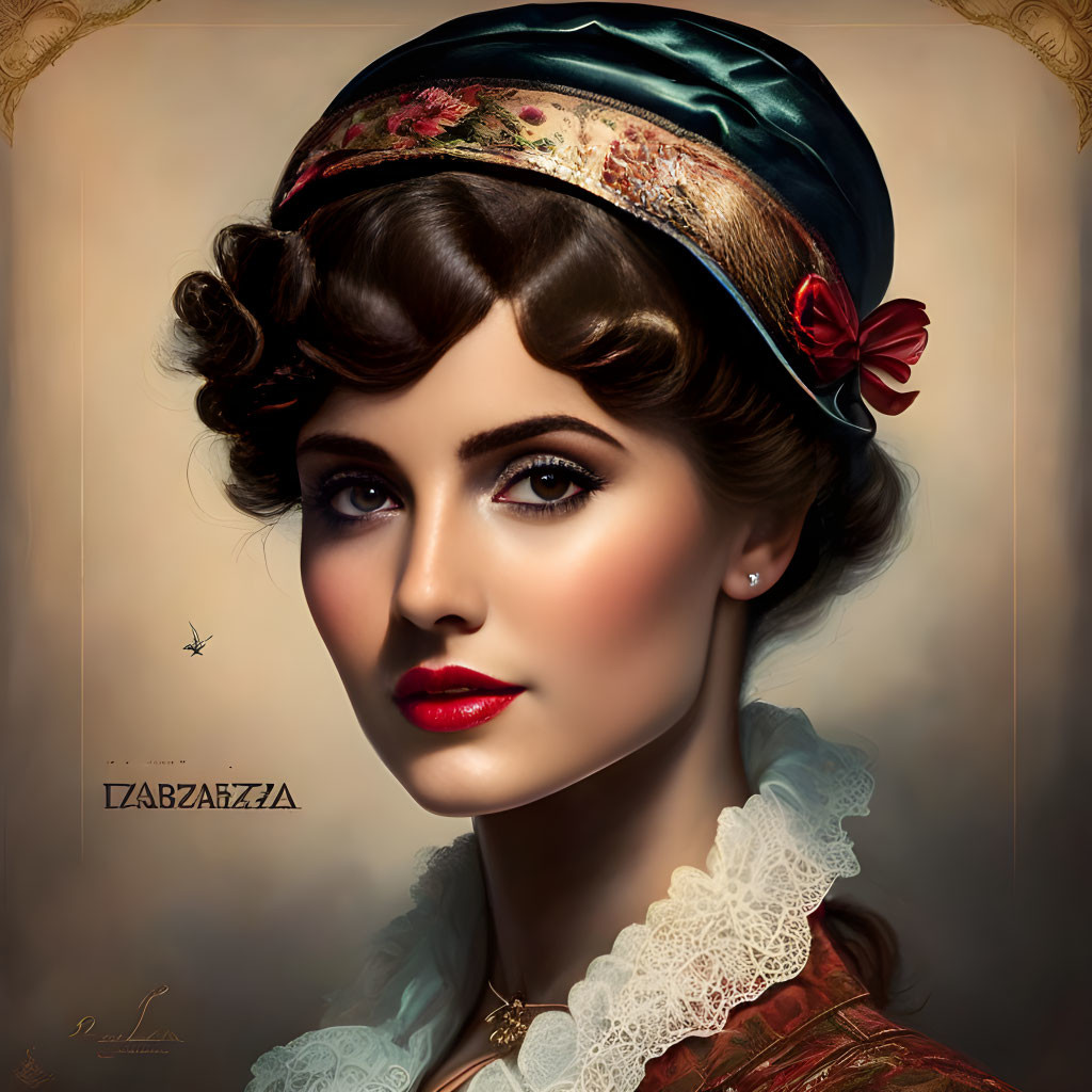 Vintage-inspired portrait of a woman with elaborate hair, red lipstick, hat, and lace collar