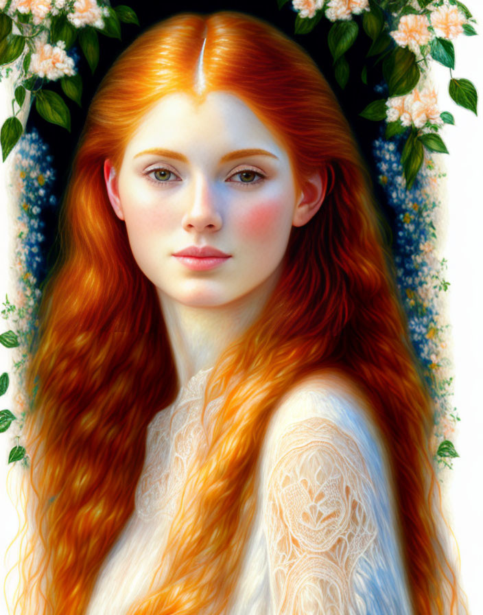 Portrait of young woman with long red hair and fair skin among white and blue flowers