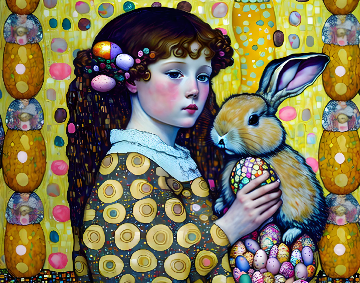 Curly-haired girl holding rabbit in colorful, whimsical setting