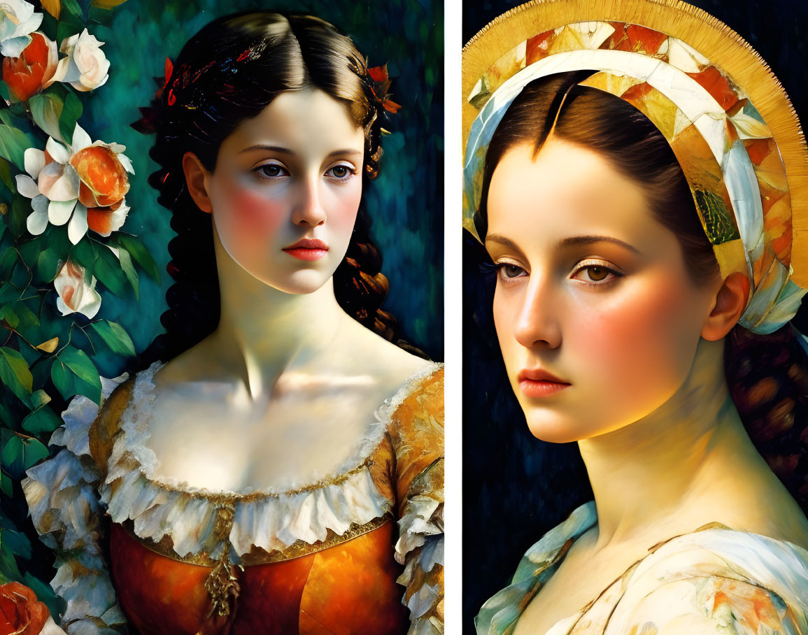 Portraits of young women with renaissance aesthetic and vibrant flowers