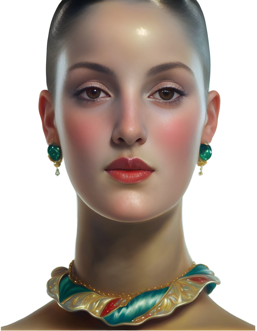 Digital Portrait: Woman with Short Hair, Pronounced Cheekbones, Red Lips, Green Earrings