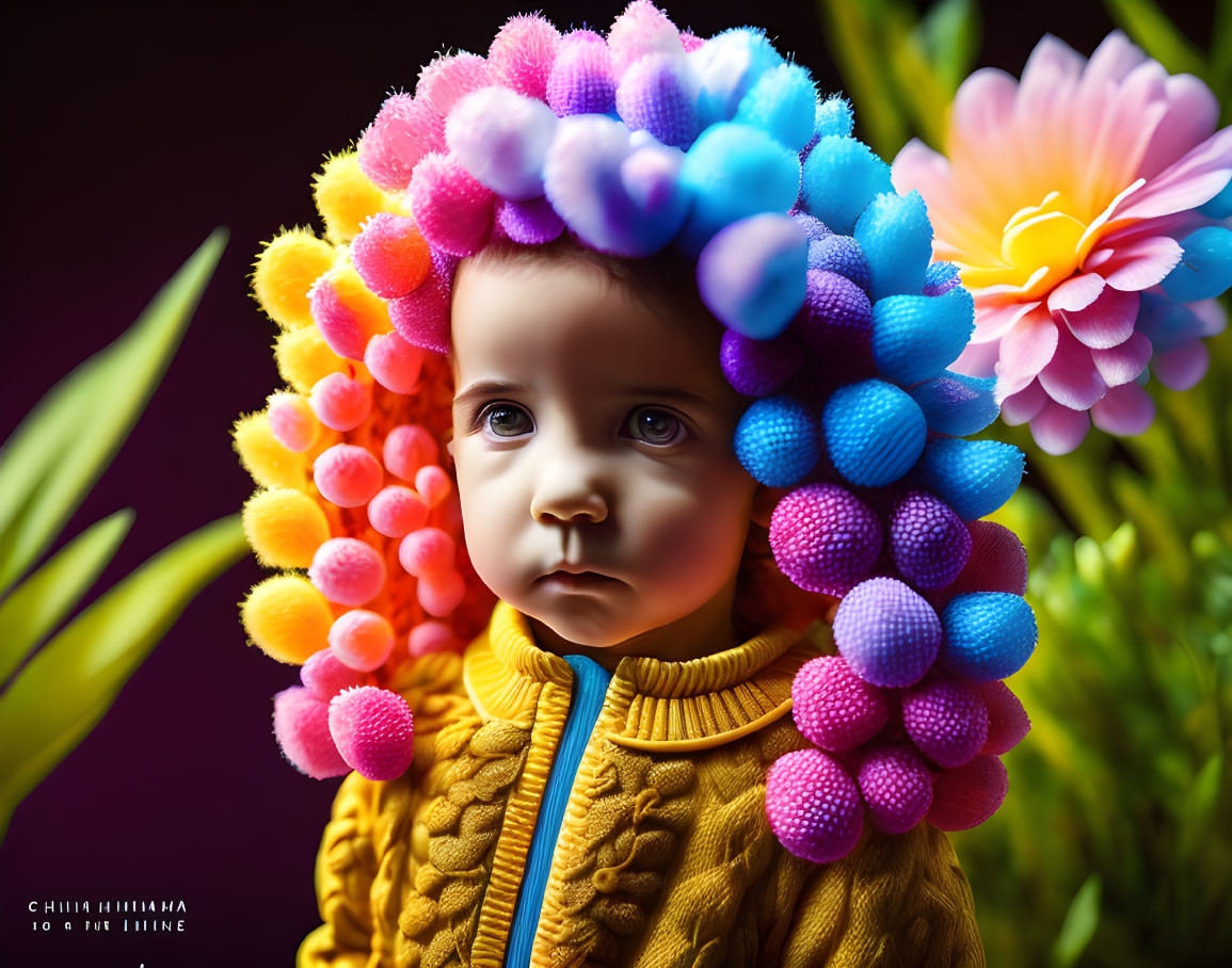 Colorful doll portrait with fluffy bonnet and textured sweater in front of vibrant flower