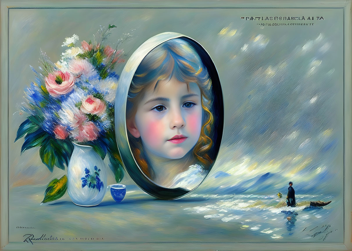 Girl's face in cut-out circle with blurred oil painting effect & vase of flowers, boat in background