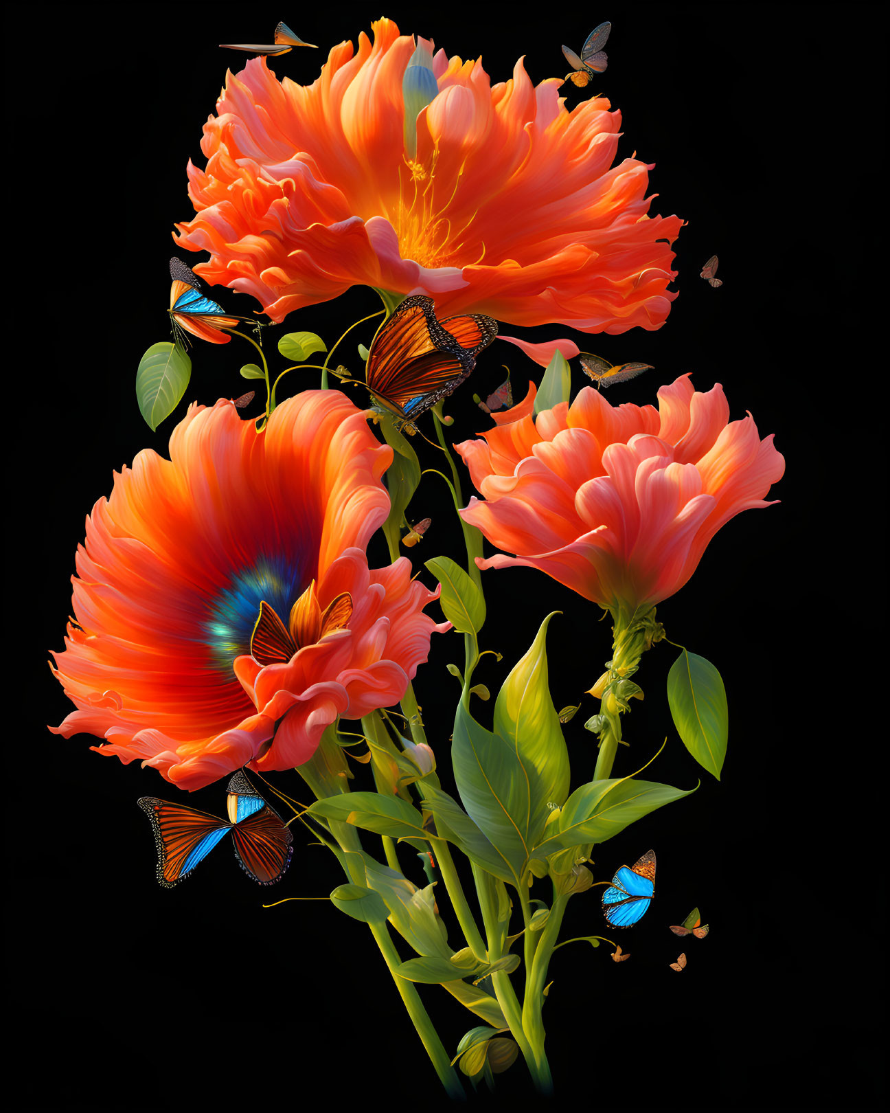 Three vibrant orange poppies and blue butterflies on black background