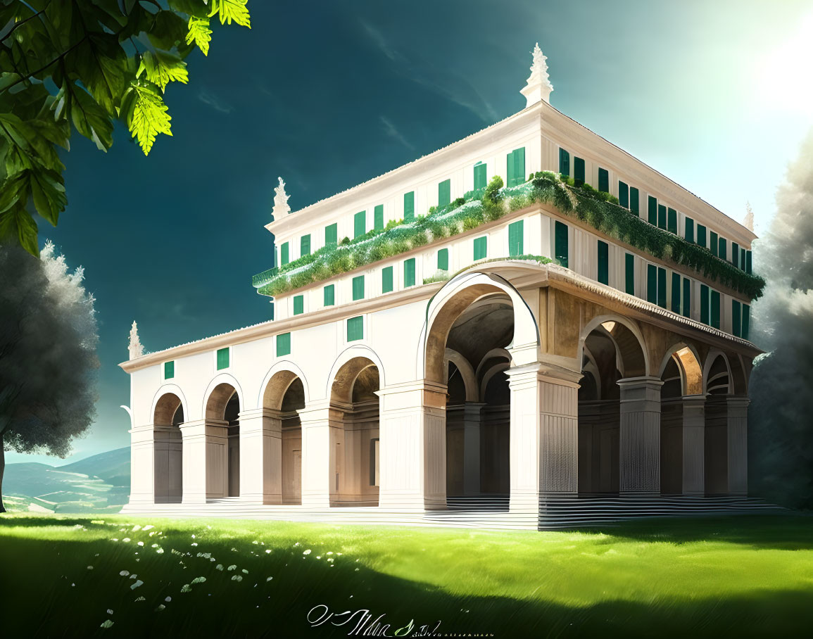 White Villa with Green Shutters and Columns in Serene Landscape