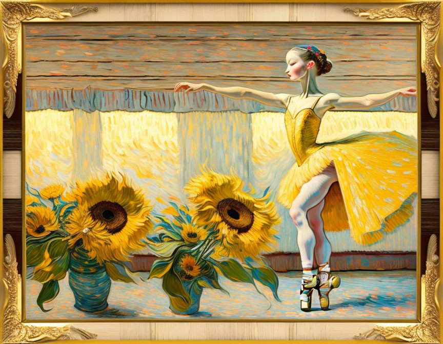 Female ballerina figure with Van Gogh's sunflowers in golden frame