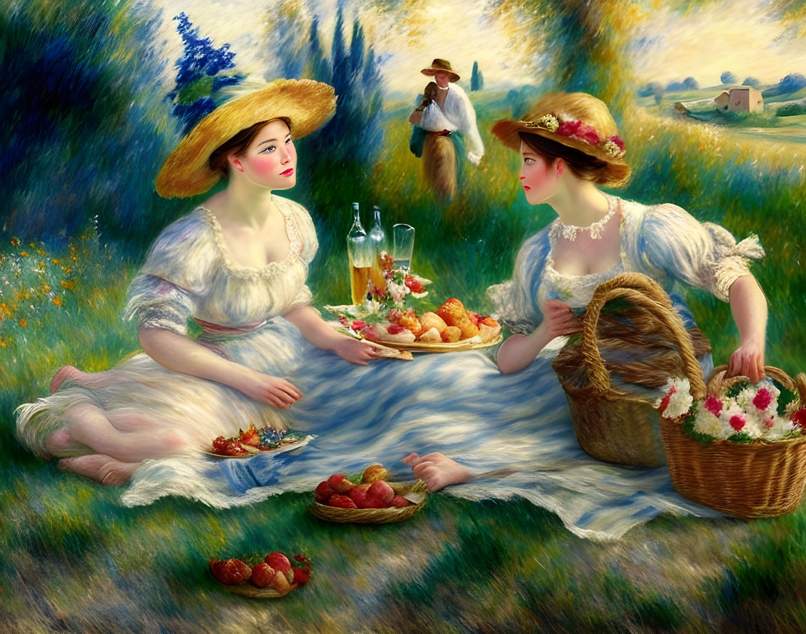 Two women in vintage dresses having a picnic in a grassy field with a man and house in the