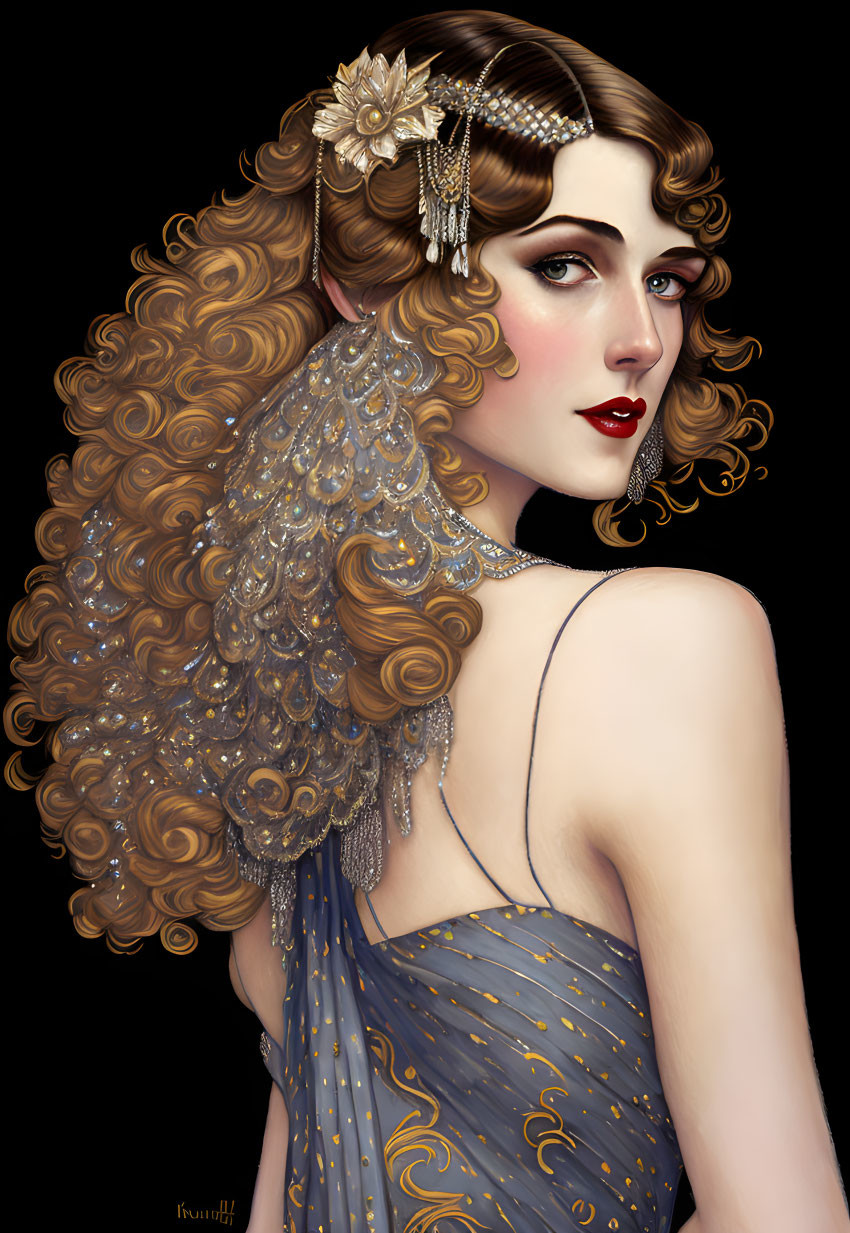 Digital illustration: Woman with golden curls in blue dress and ornate hair accessories