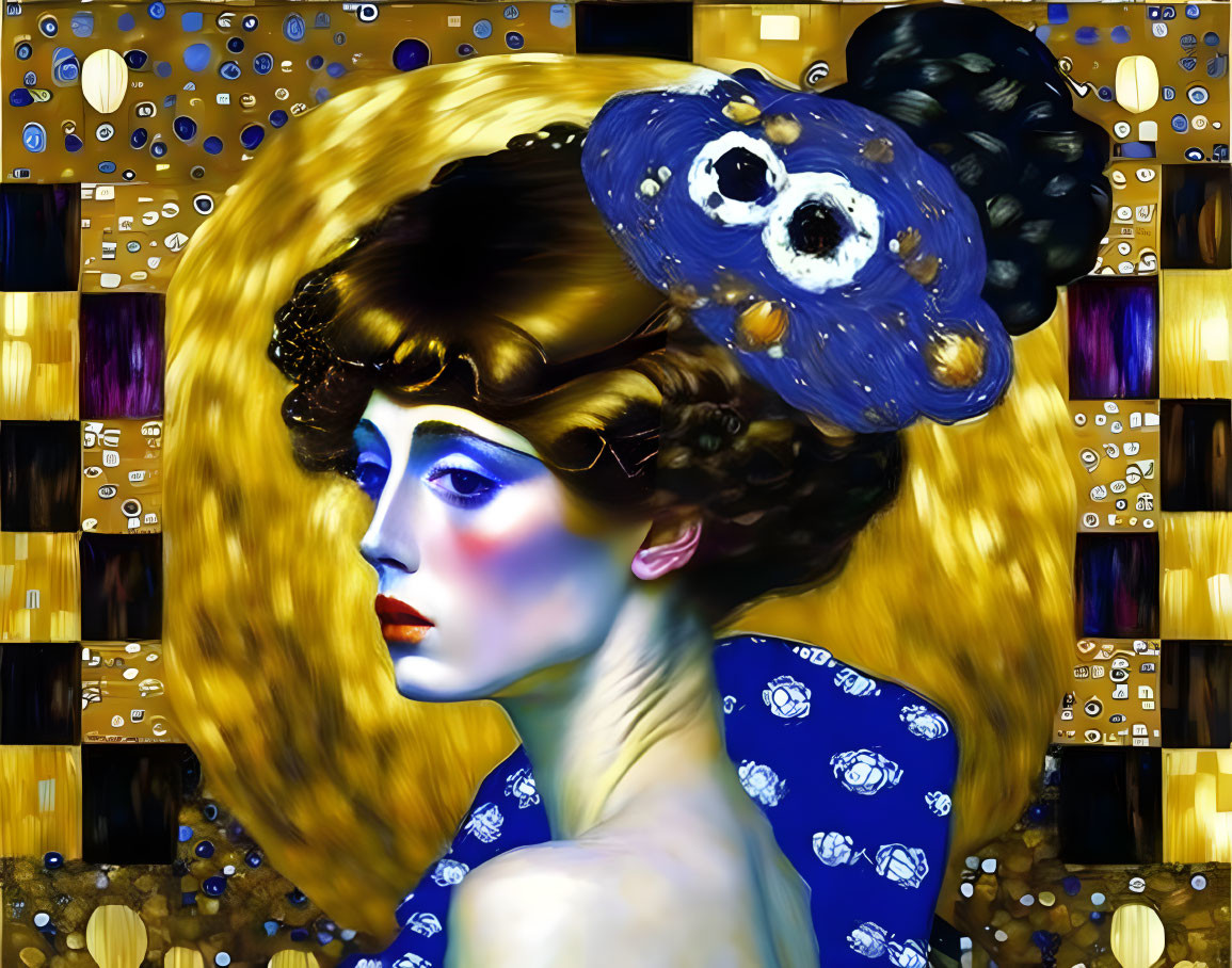 Digital painting of woman with stylized makeup and hair in halo-like glow on blue and gold backdrop