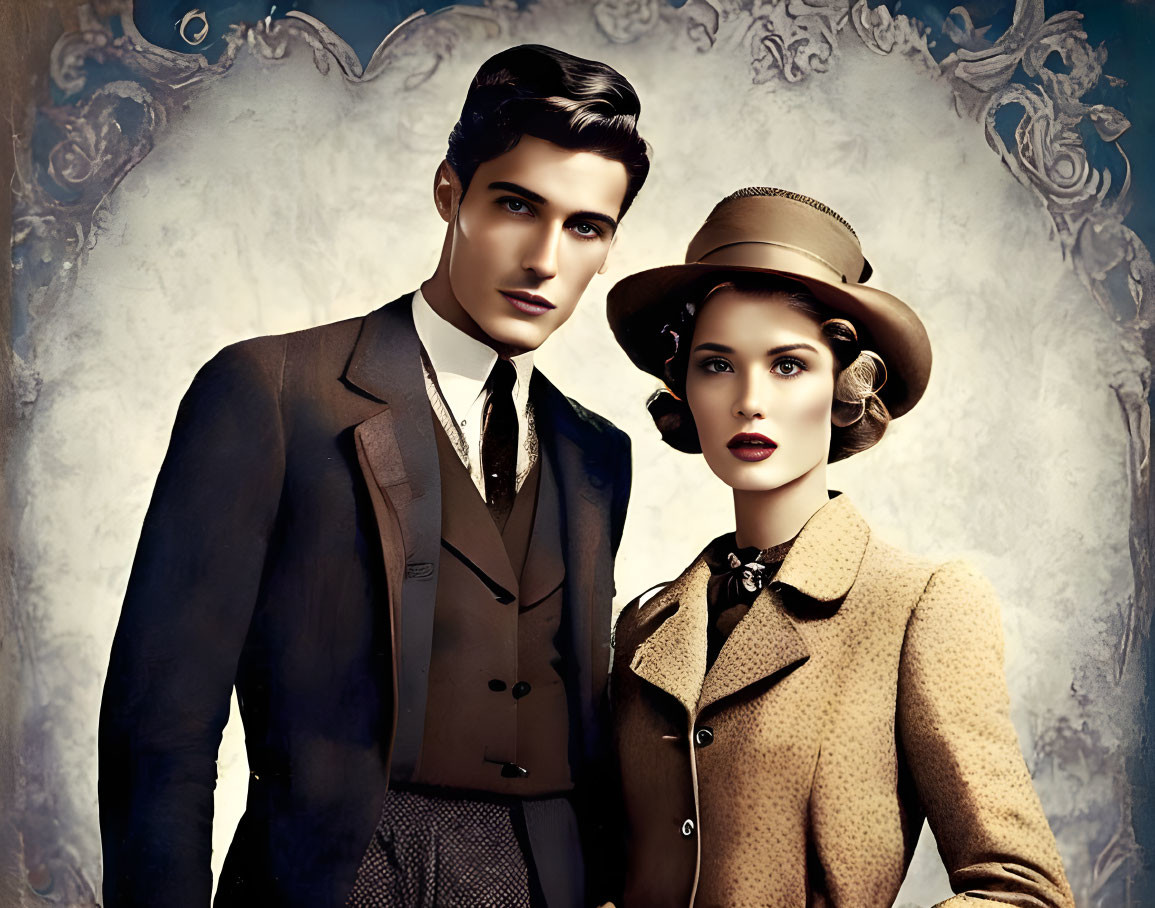 Vintage man and woman in ornate backdrop with suit and hat outfit