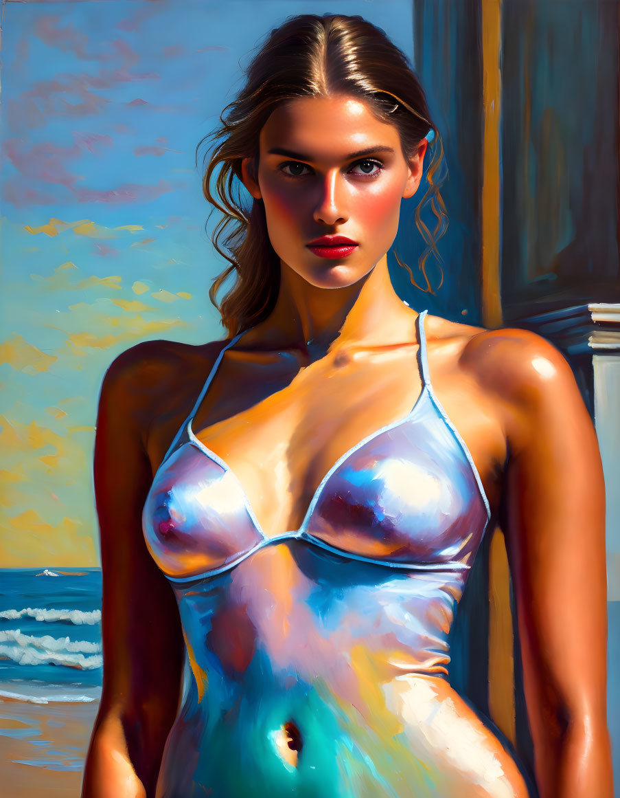 Woman in shiny swimsuit at beach with sunlight and sea backdrop