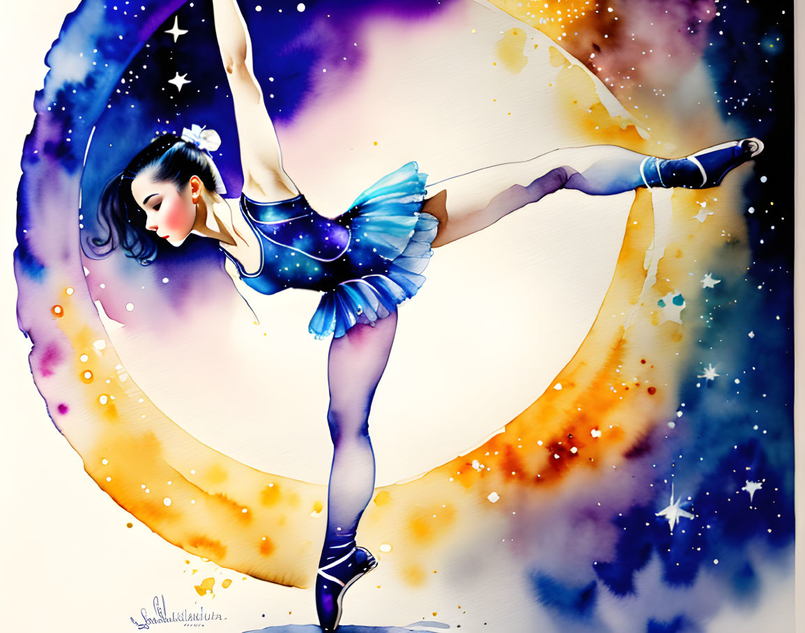 Colorful Ballerina Illustration with Cosmic Theme