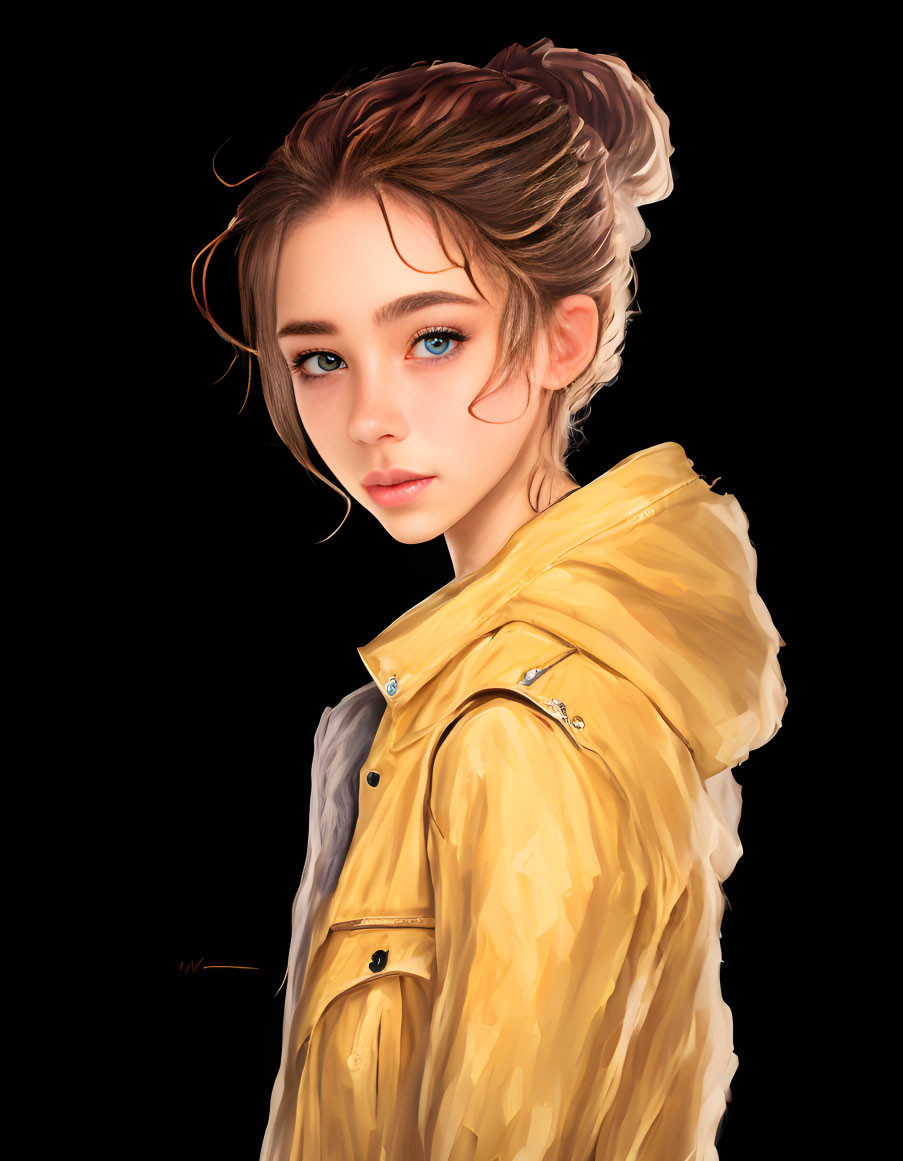 Detailed Portrait of Young Woman with Striking Blue Eyes and Yellow Jacket