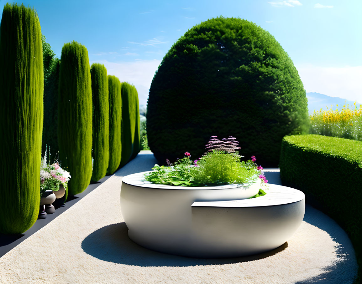 Neatly Trimmed Hedge Garden with Circular Bench and Flowering Shrub