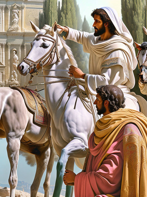 Two men in ancient robes with a white horse and classical architecture.