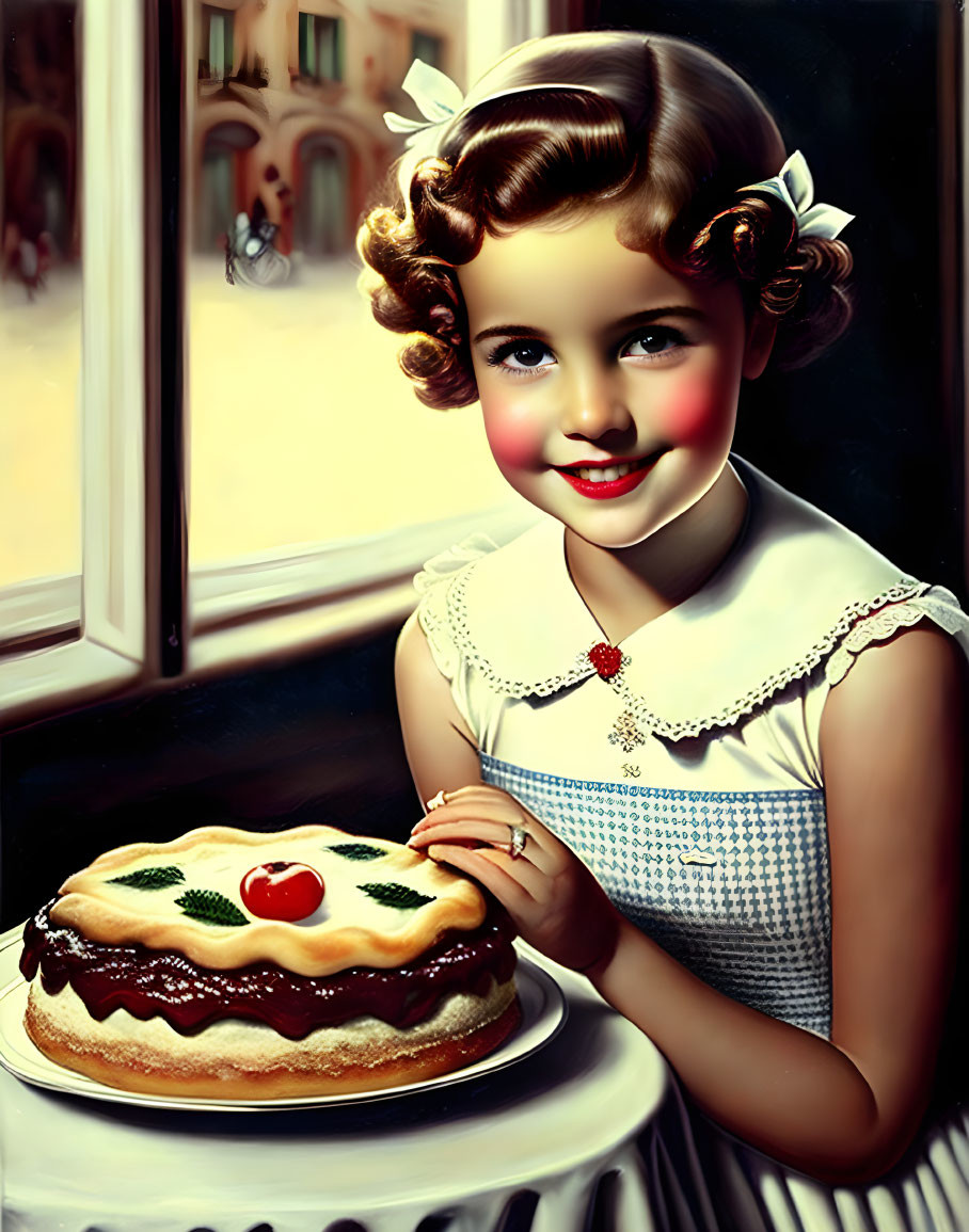 Vintage Illustration of Smiling Girl with Cake by Window