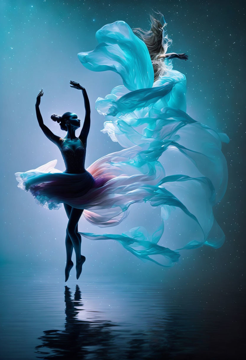 Elegant ballet dancer in flowing dress under blue lighting