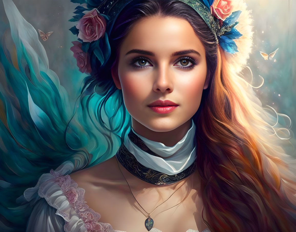 Portrait of woman with blue hair, flowers, butterflies, and ethereal backdrop