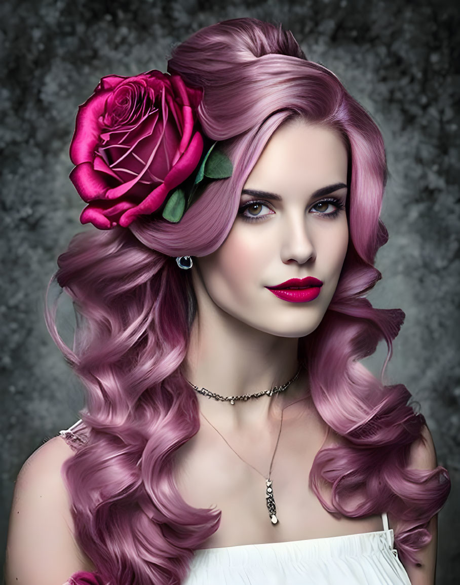 Vivid Purple Hair Woman with Rose and Striking Makeup on Grey Background