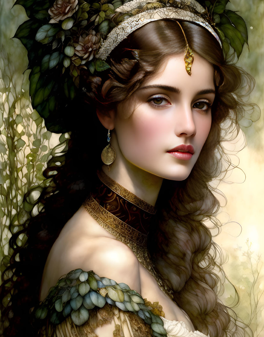 Woman portrait with long wavy hair, floral headpiece, elegant jewelry, and detailed choker against