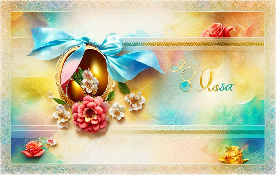 Colorful Easter greeting card with decorated egg, flowers, ribbons, and "Pasxa" word